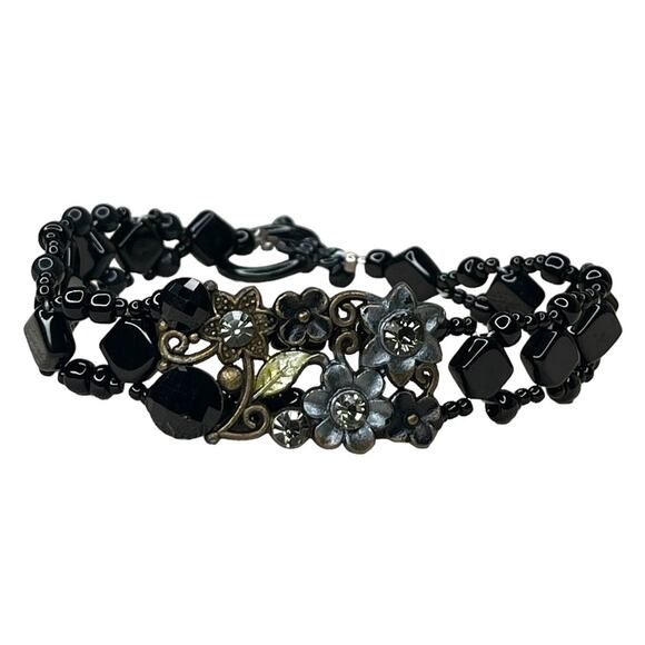 Black Beaded Floral Bracelet Art Deco Vintage Style - Picture 1 of 8